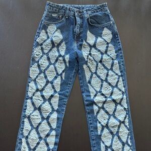 NWOT Ragged Priest Distressed Diamond Blue Jeans Y2K Wide Straight Leg Size 28